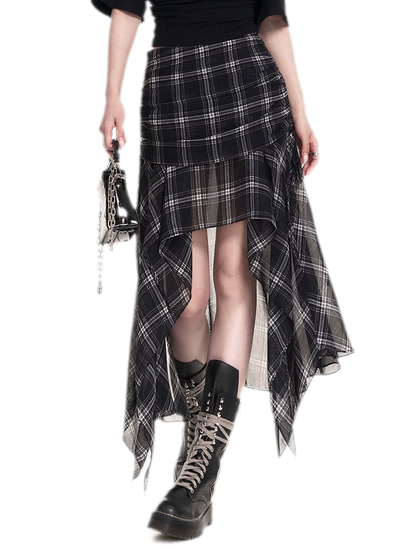 Plaid Asymmetric Midi Skirt