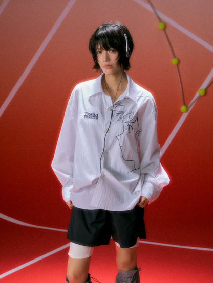 Fine-Stripe Embroidered Graphic Shirt