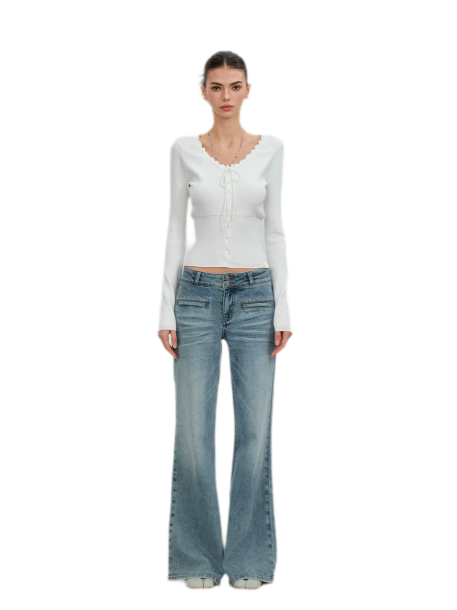 Ribbed Lace-Trim Fitted Knit Top