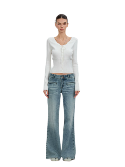 Ribbed Lace-Trim Fitted Knit Top