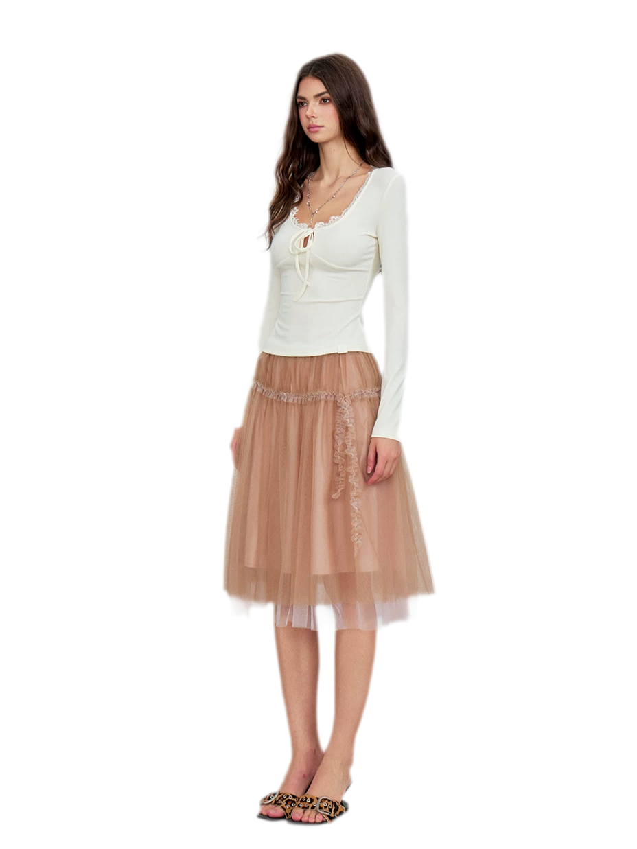 Ribbed Lace Tie Knit Top