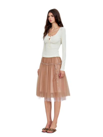 Ribbed Lace Tie Knit Top