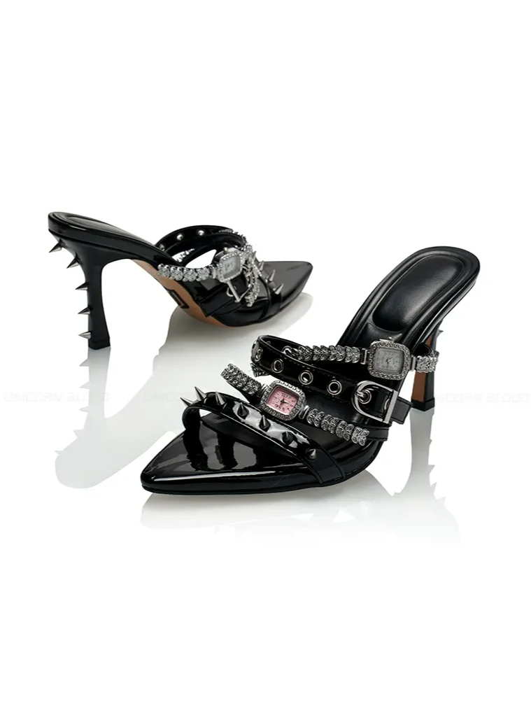 Patent Rivet Stiletto Sandals