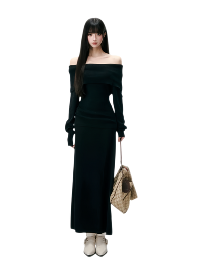 Wool Blend Off-Shoulder Skirt Set