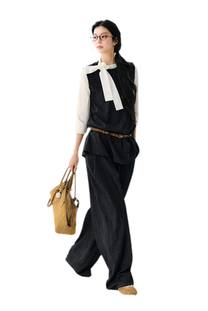 Contrast Ribbon Denim Blouse