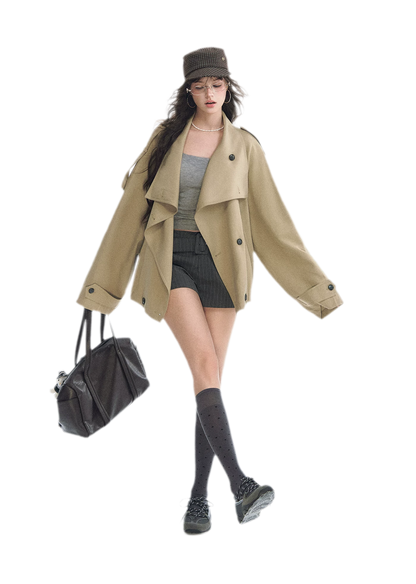 Relaxed Double-Breasted Short Trench