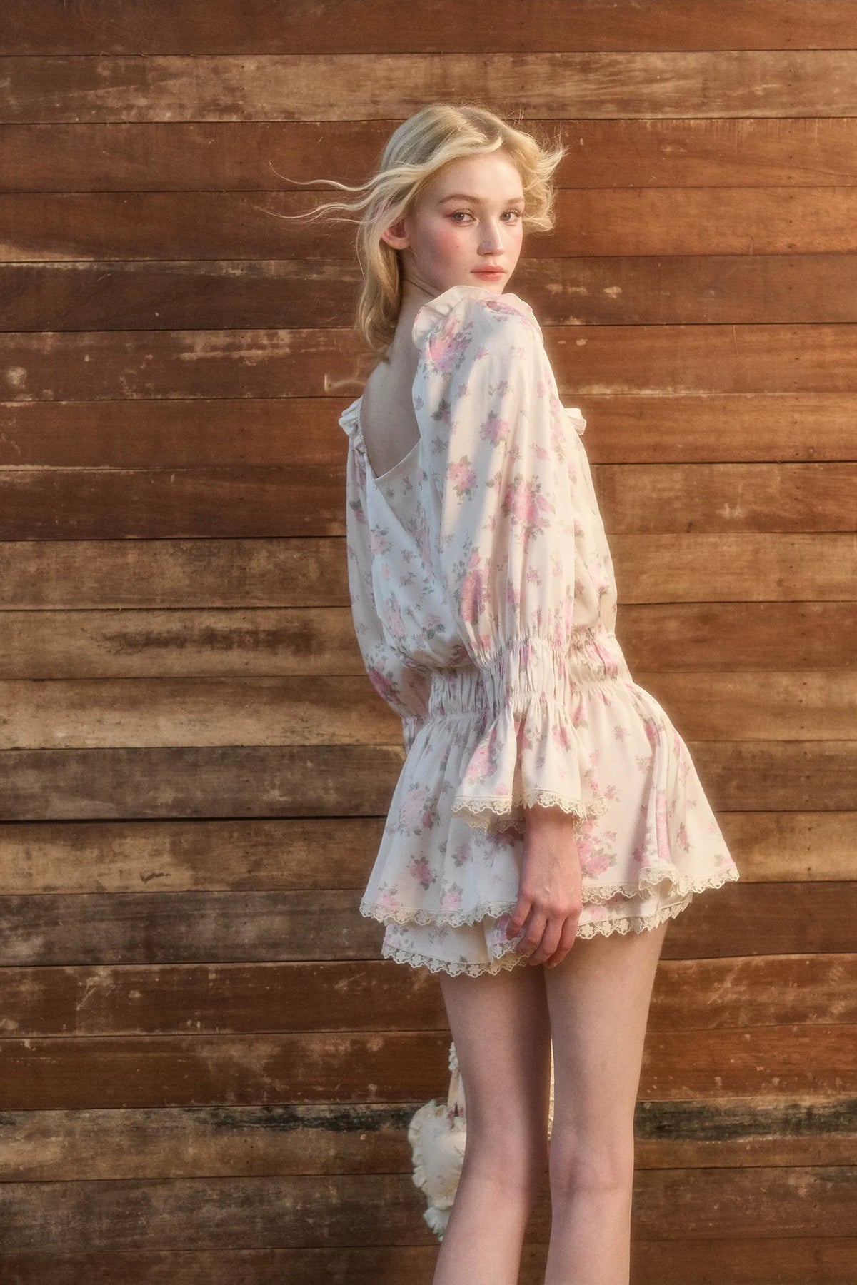 Floral Lace Puff-Sleeve Dress Set