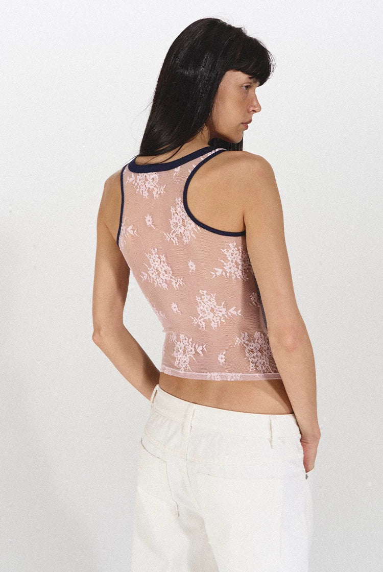 Lace Panel Slim Fit Striped Shoulder Vest Top
