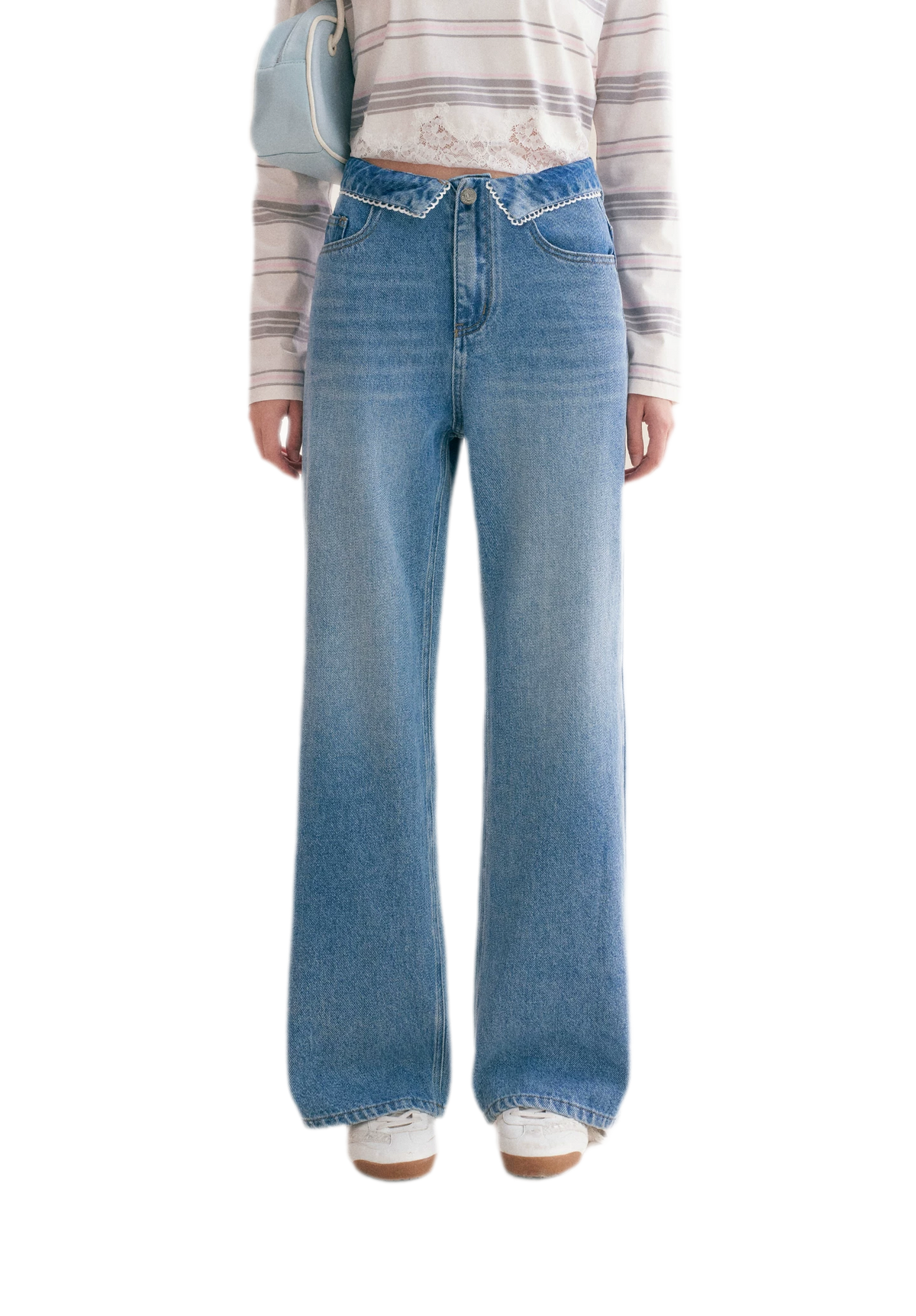 Cotton Lace-Trim Wide-Leg Jeans