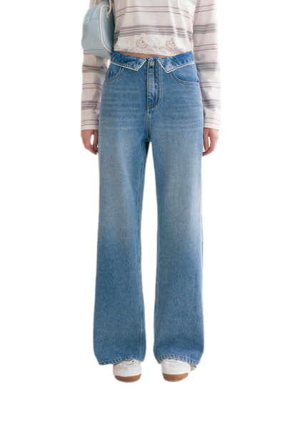 Cotton Lace-Trim Wide-Leg Jeans