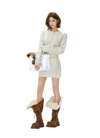 Fluffy Wool Knit Cardigan Set