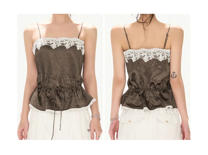 South France Holiday Contrast Lace Trim Ruffle Camisole