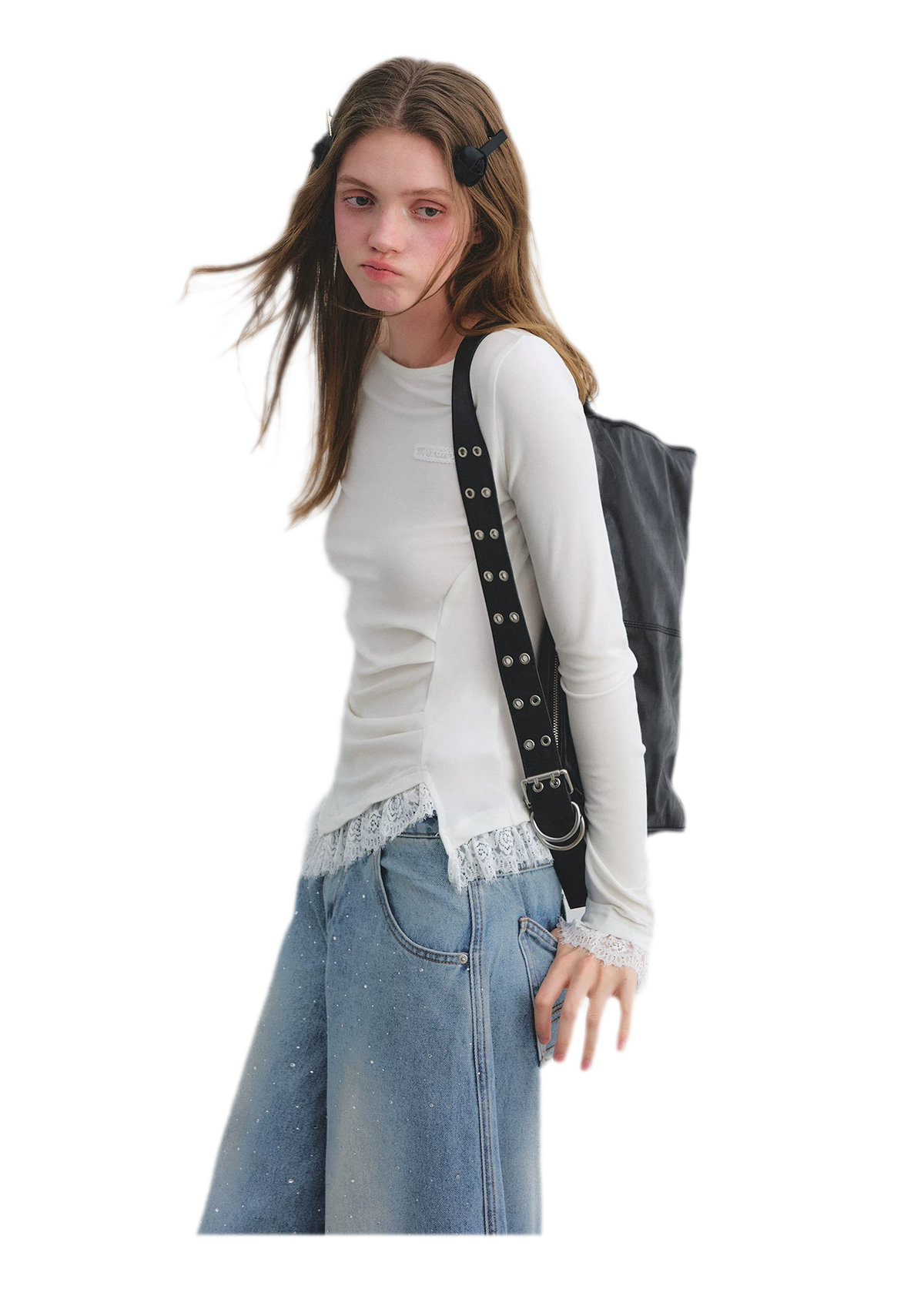 Lace Panel Ruched Hem Top