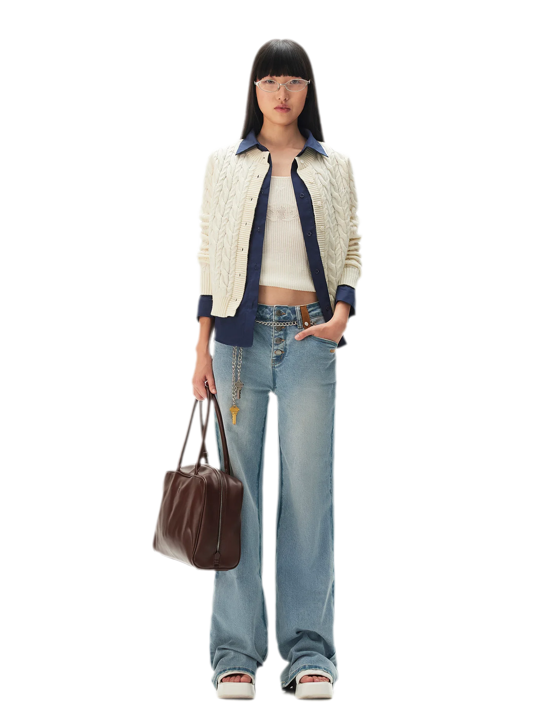 Cable Knit Faux-Layer Cardigan