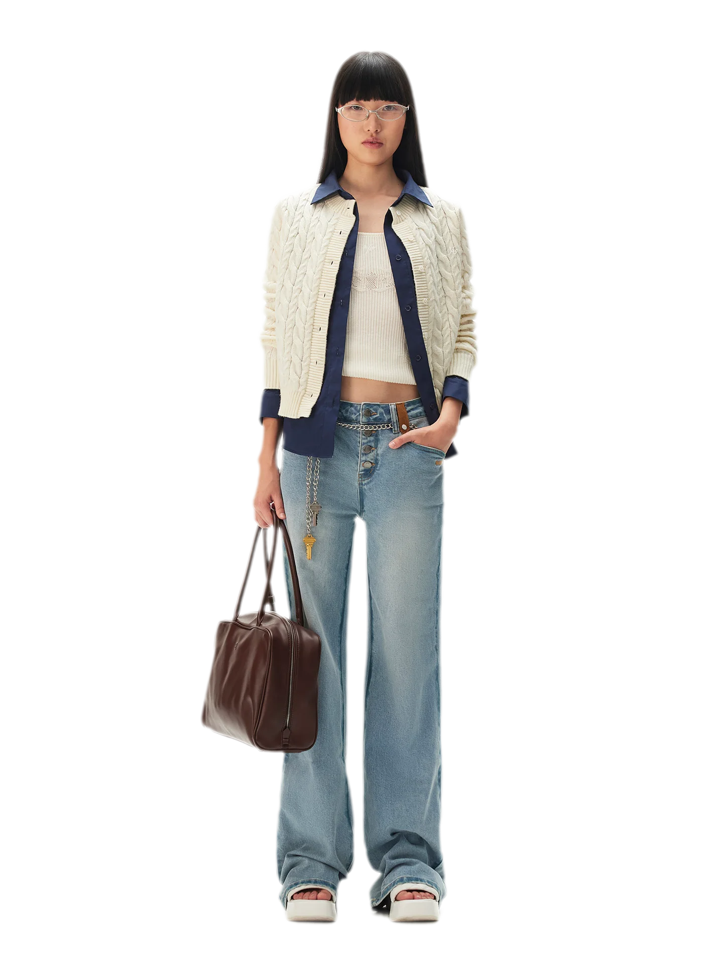 Cable Knit Faux-Layer Cardigan