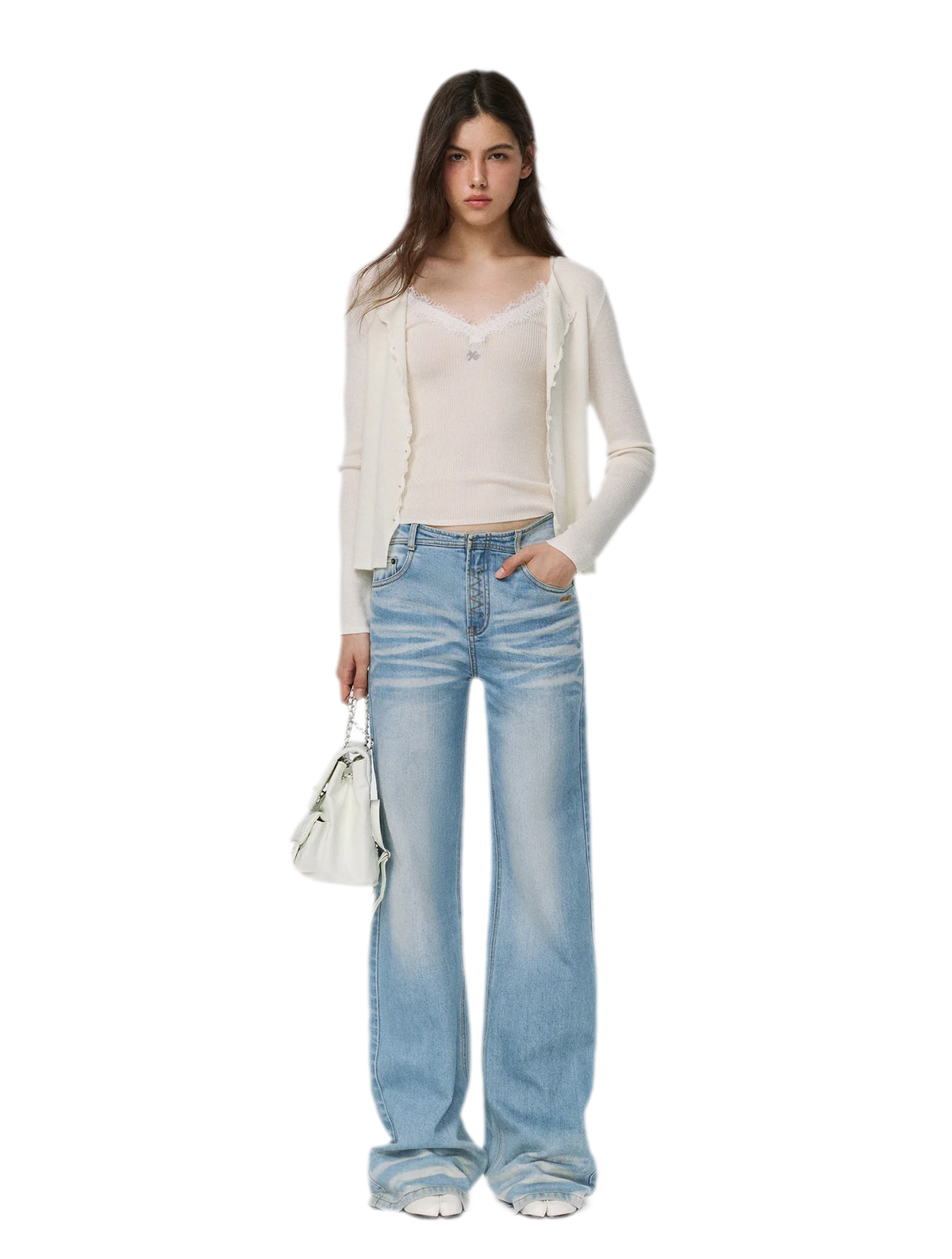 Feinstrick-Camisole aus Wolle mit Spitzenbesatz 100% Wolle