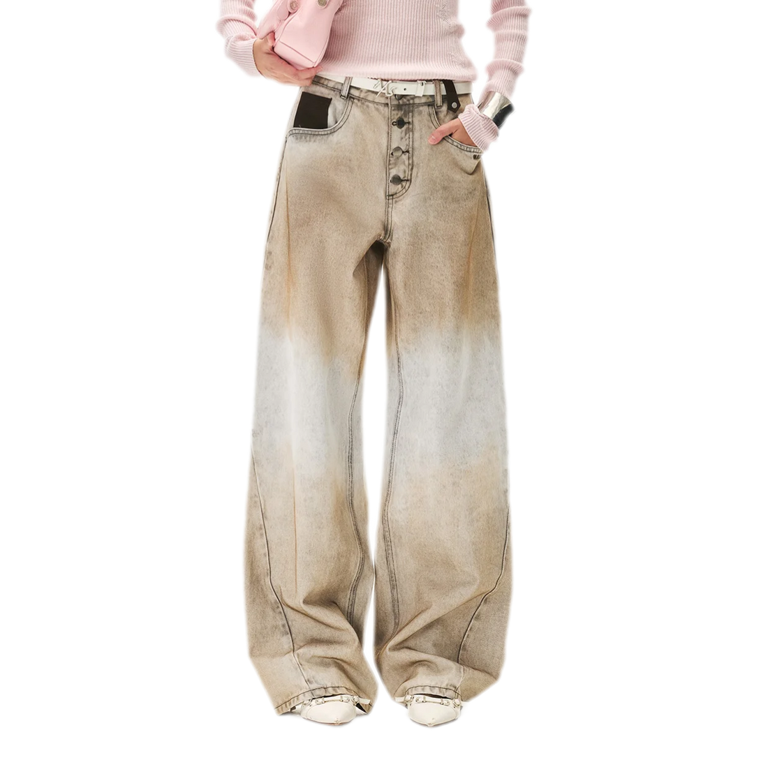Coated Distressed Wide-Leg Jeans