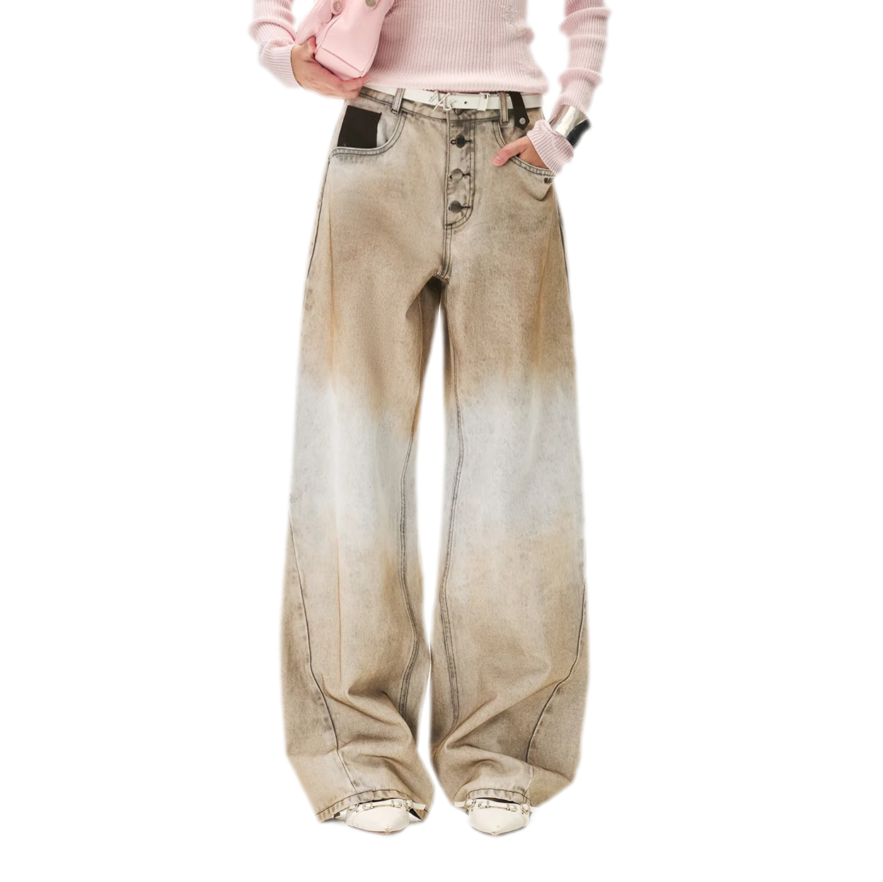 Coated Distressed Wide-Leg Jeans