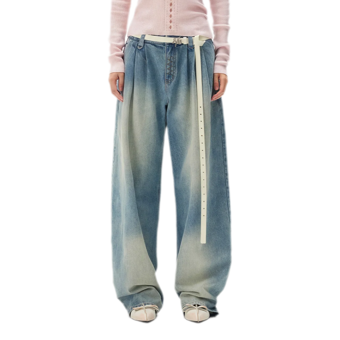 Washed Pleated Wide-Leg Jeans