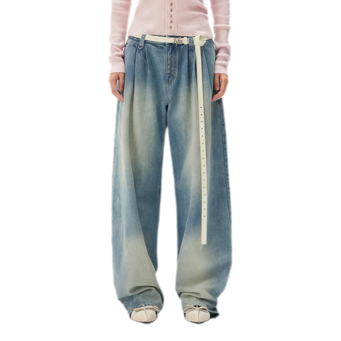Washed Pleated Wide-Leg Jeans