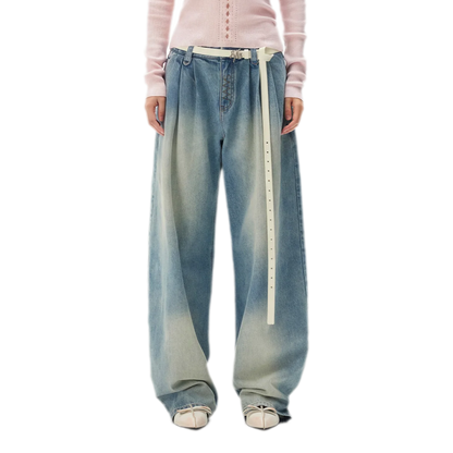 Washed Pleated Wide-Leg Jeans