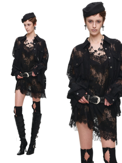Lace Oversized Tie Shirt
