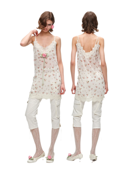 Deep V-Neck Lace Chiffon Satin Dress