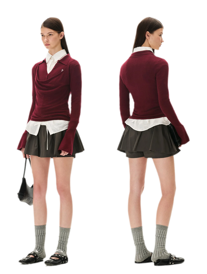 Cashmere Cowl-Neck Flared-Sleeve Knit Top