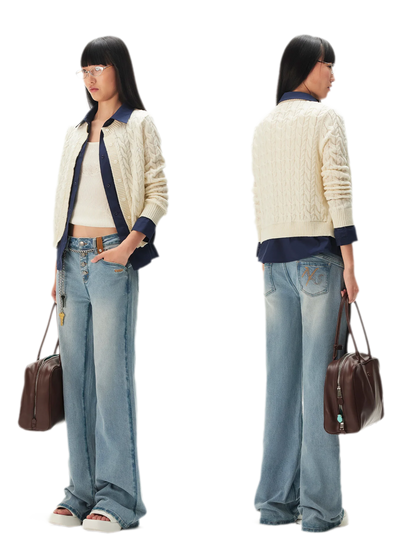 Cable Knit Faux-Layer Cardigan