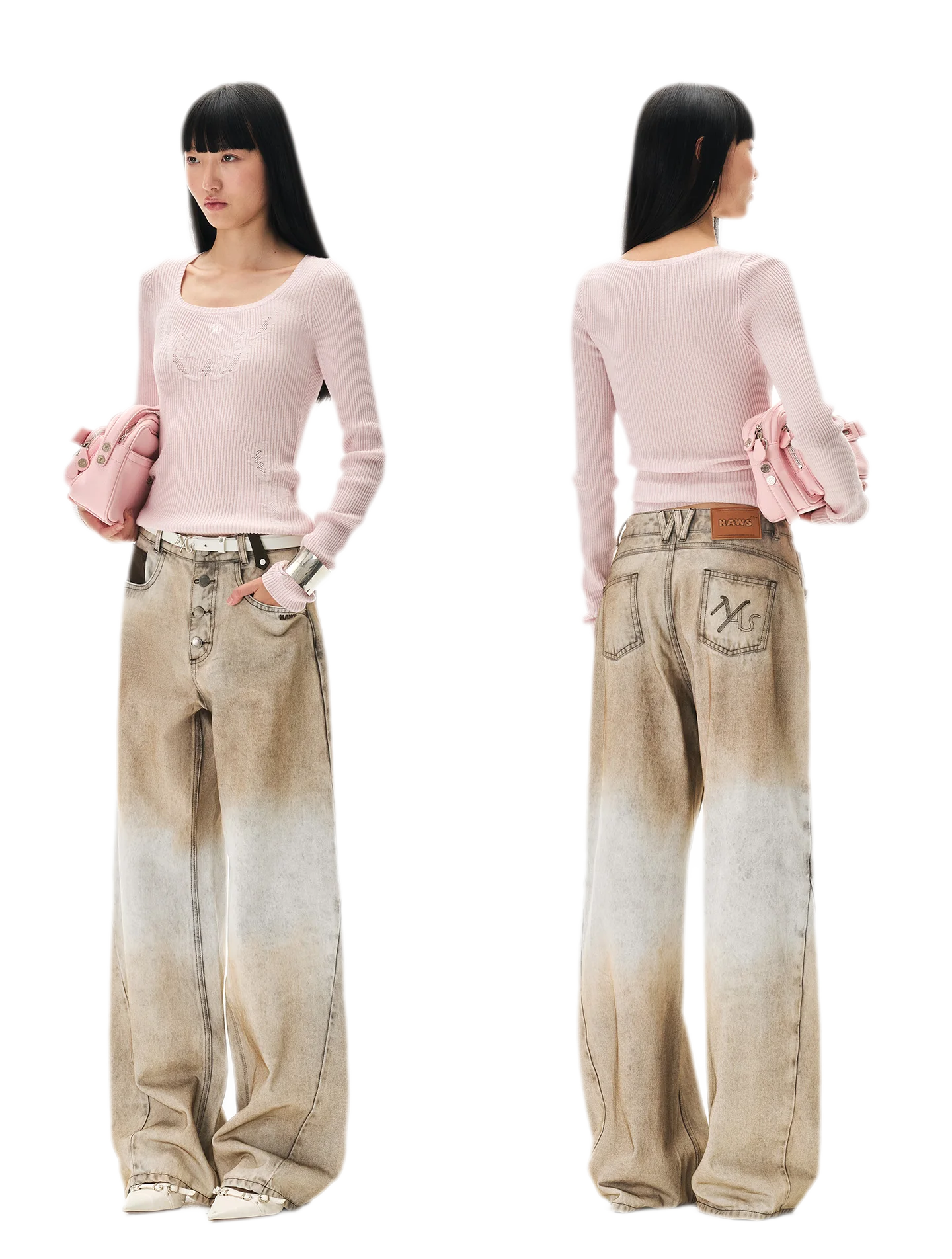 Coated Distressed Wide-Leg Jeans