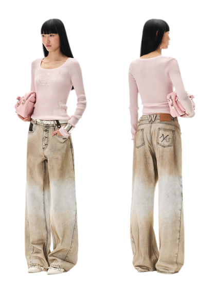 Coated Distressed Wide-Leg Jeans