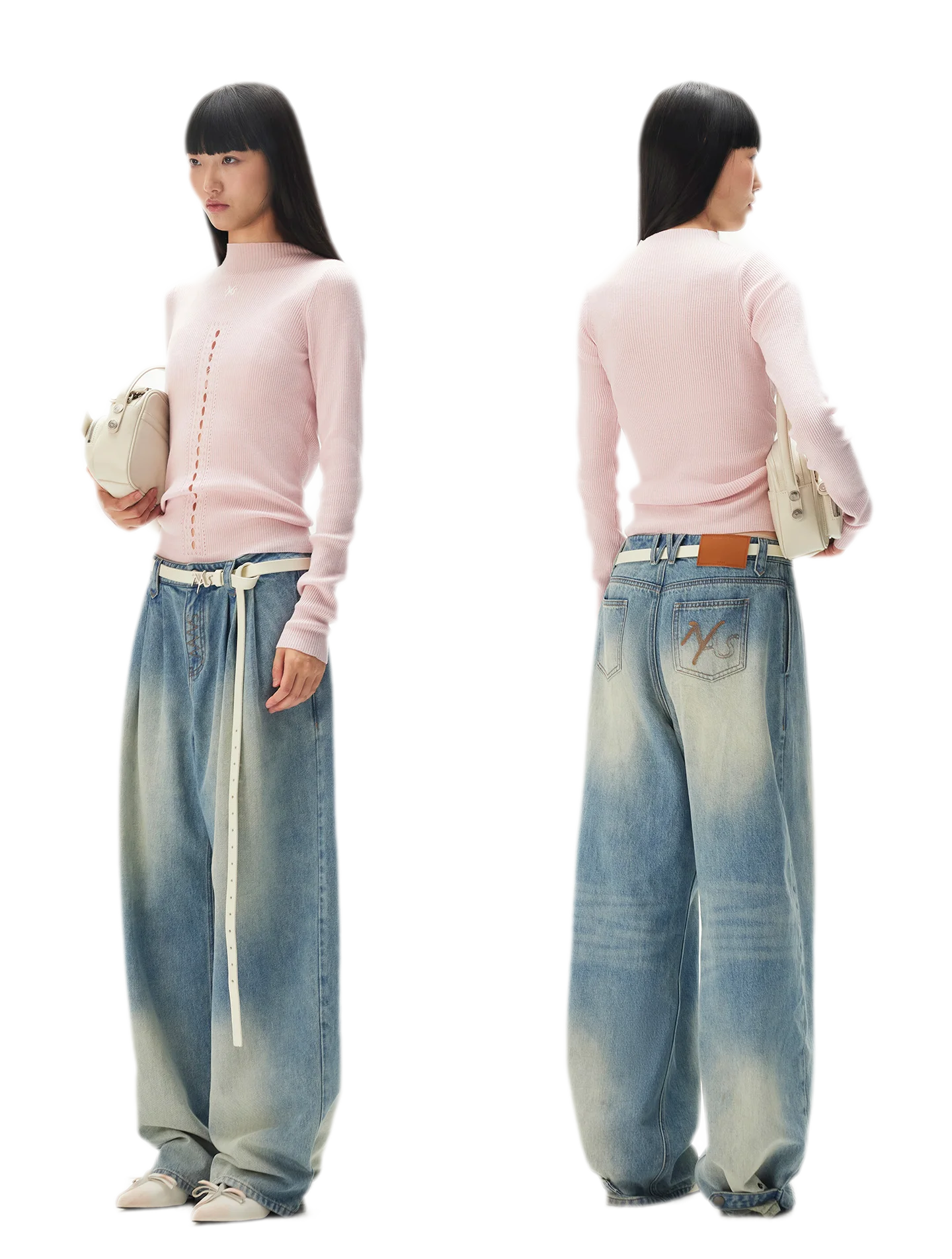 Washed Pleated Wide-Leg Jeans