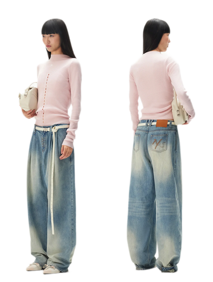 Washed Pleated Wide-Leg Jeans