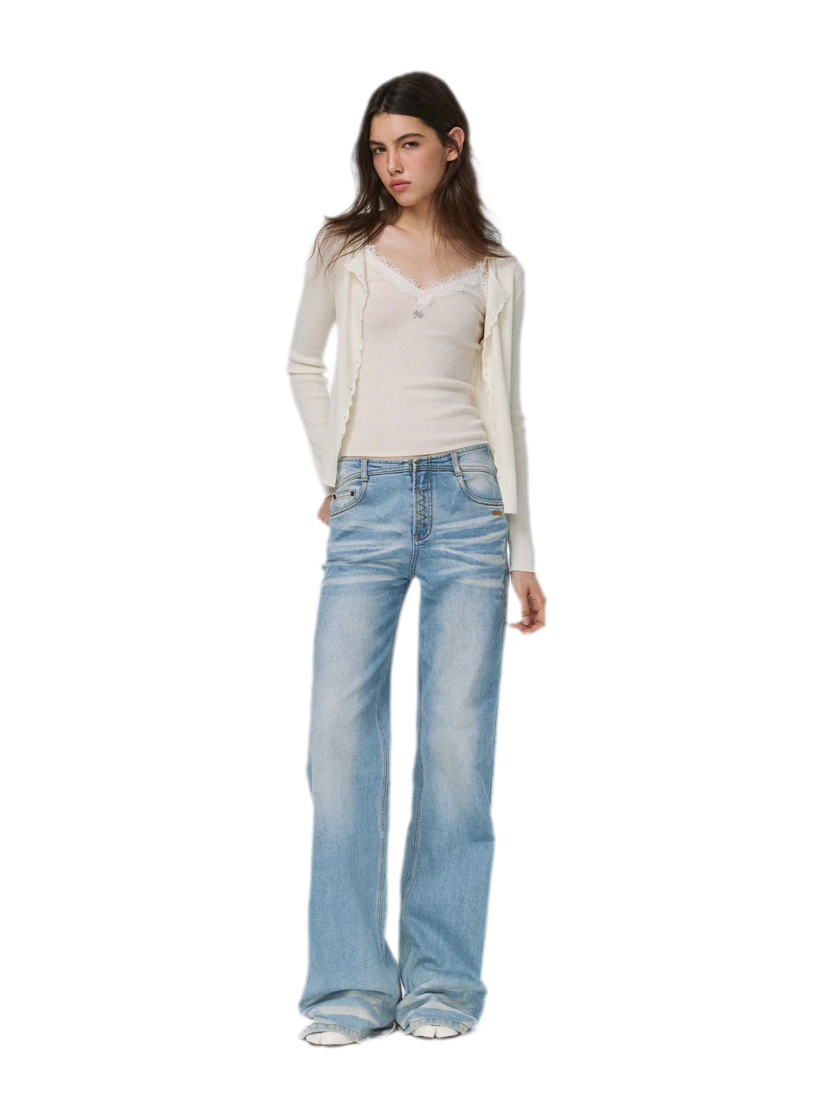 Feinstrick-Camisole aus Wolle mit Spitzenbesatz 100% Wolle