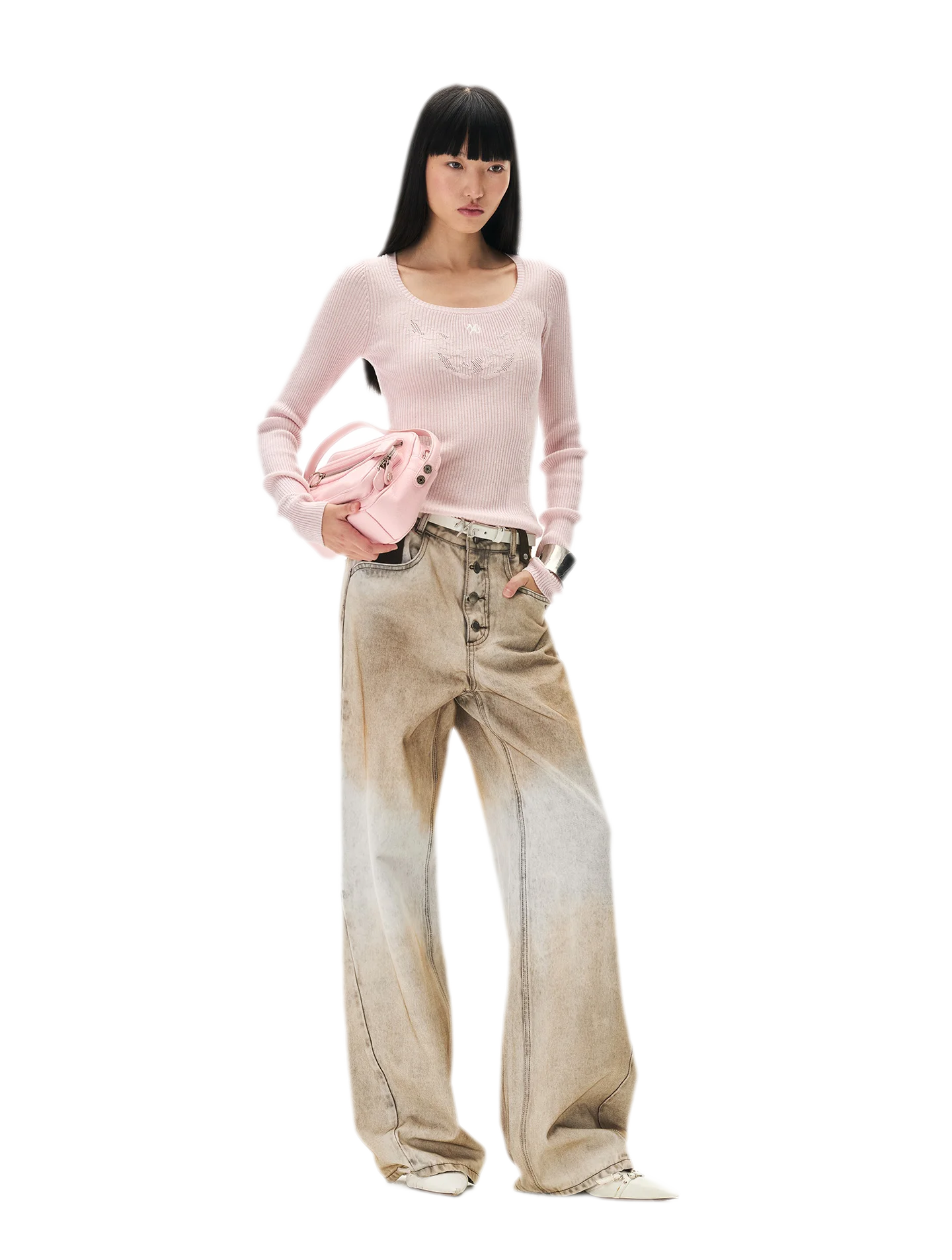 Coated Distressed Wide-Leg Jeans