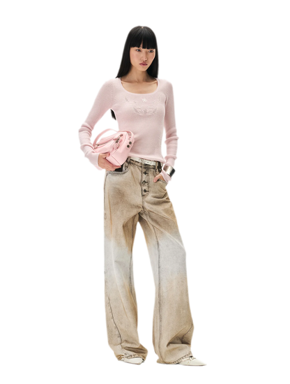 Coated Distressed Wide-Leg Jeans