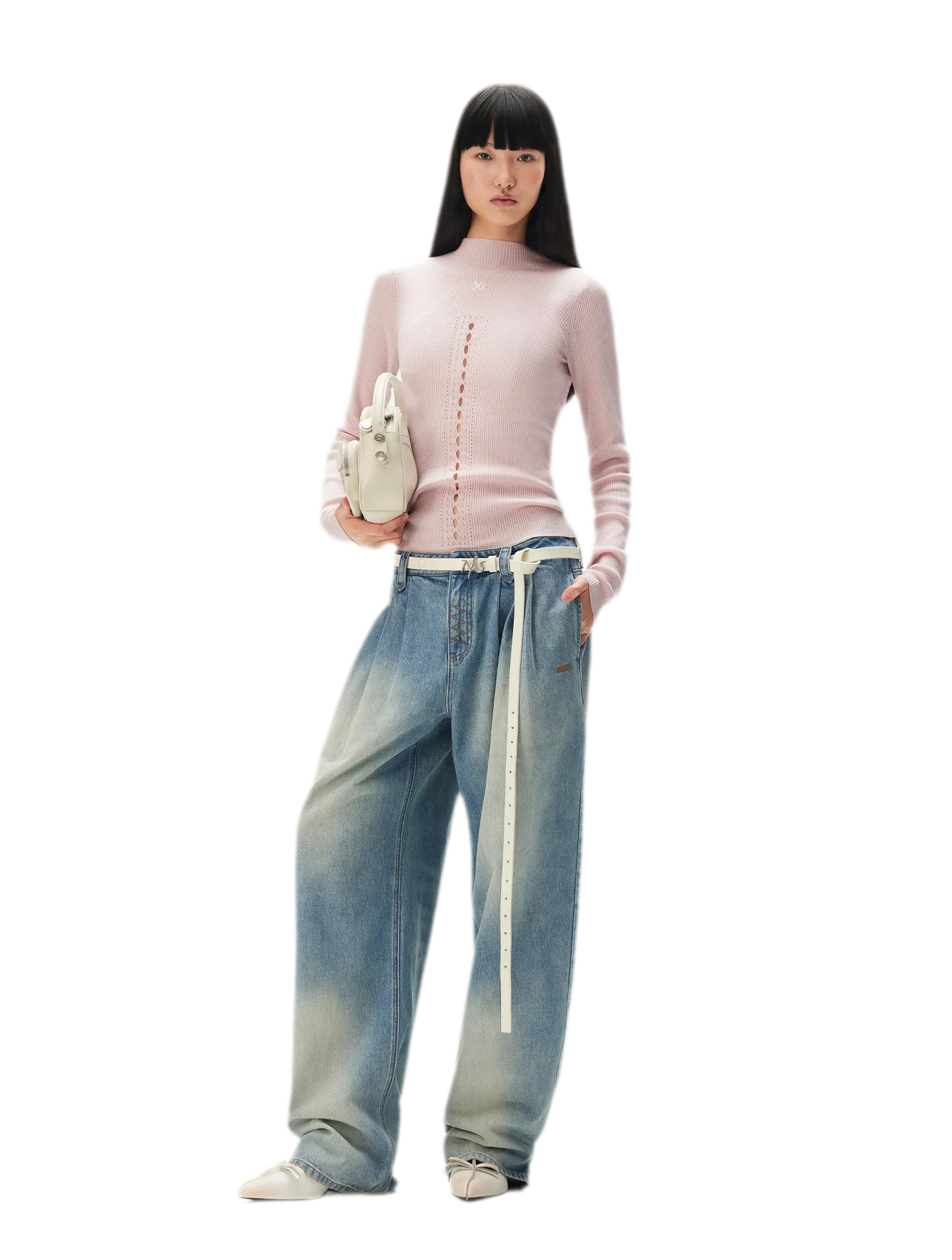 Washed Pleated Wide-Leg Jeans