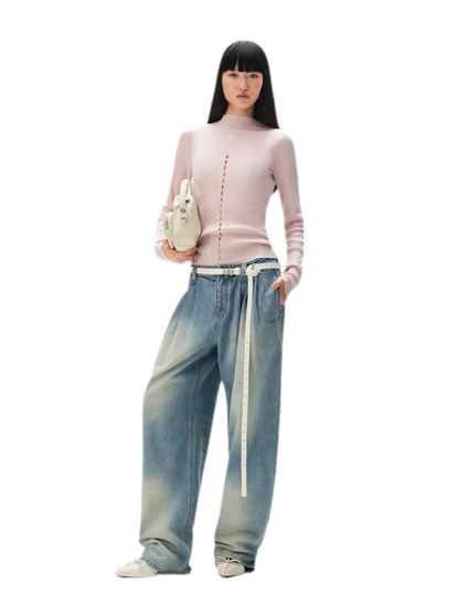 Washed Pleated Wide-Leg Jeans