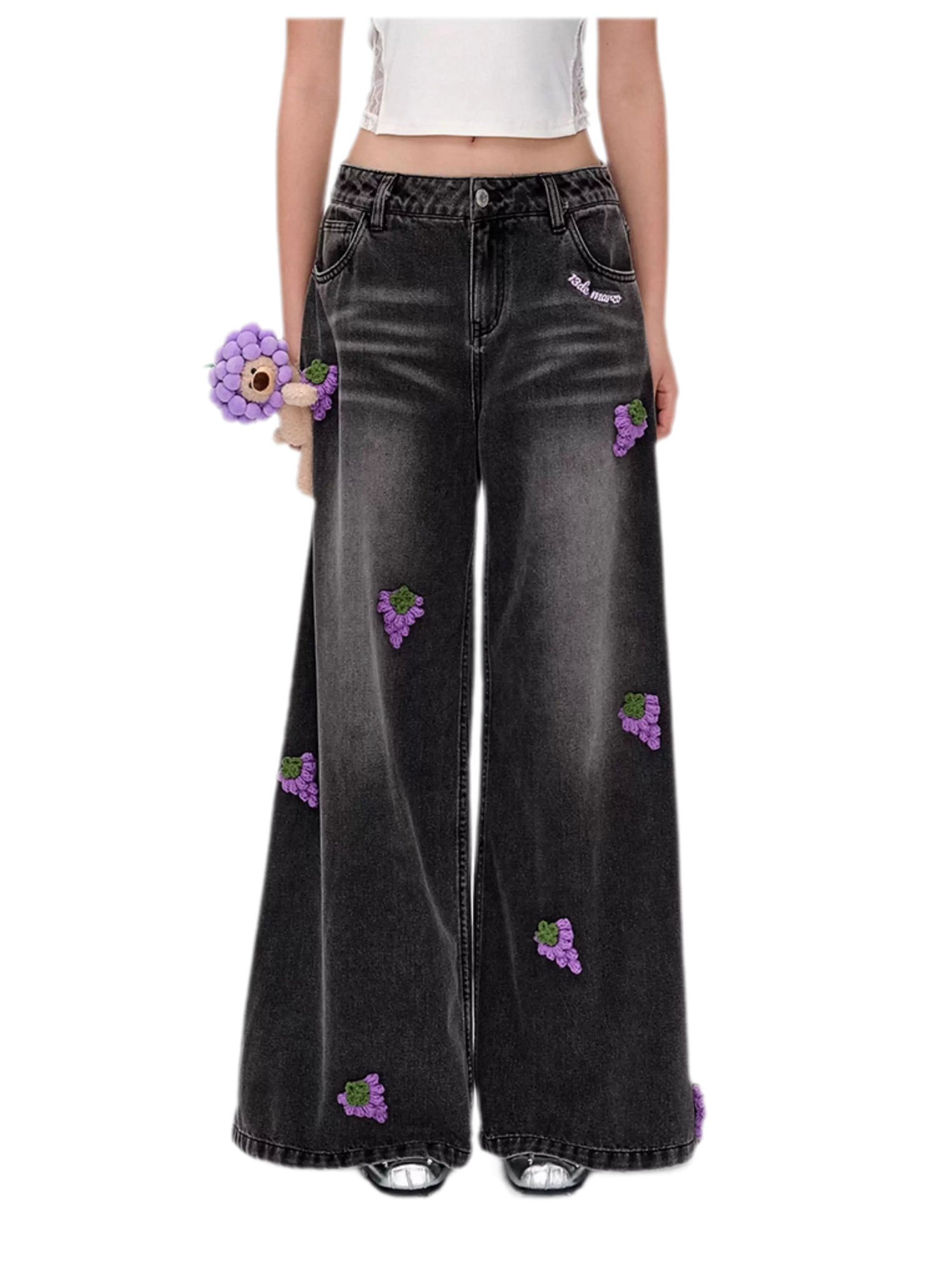 Fruit Embroidered Wide-Leg Pants