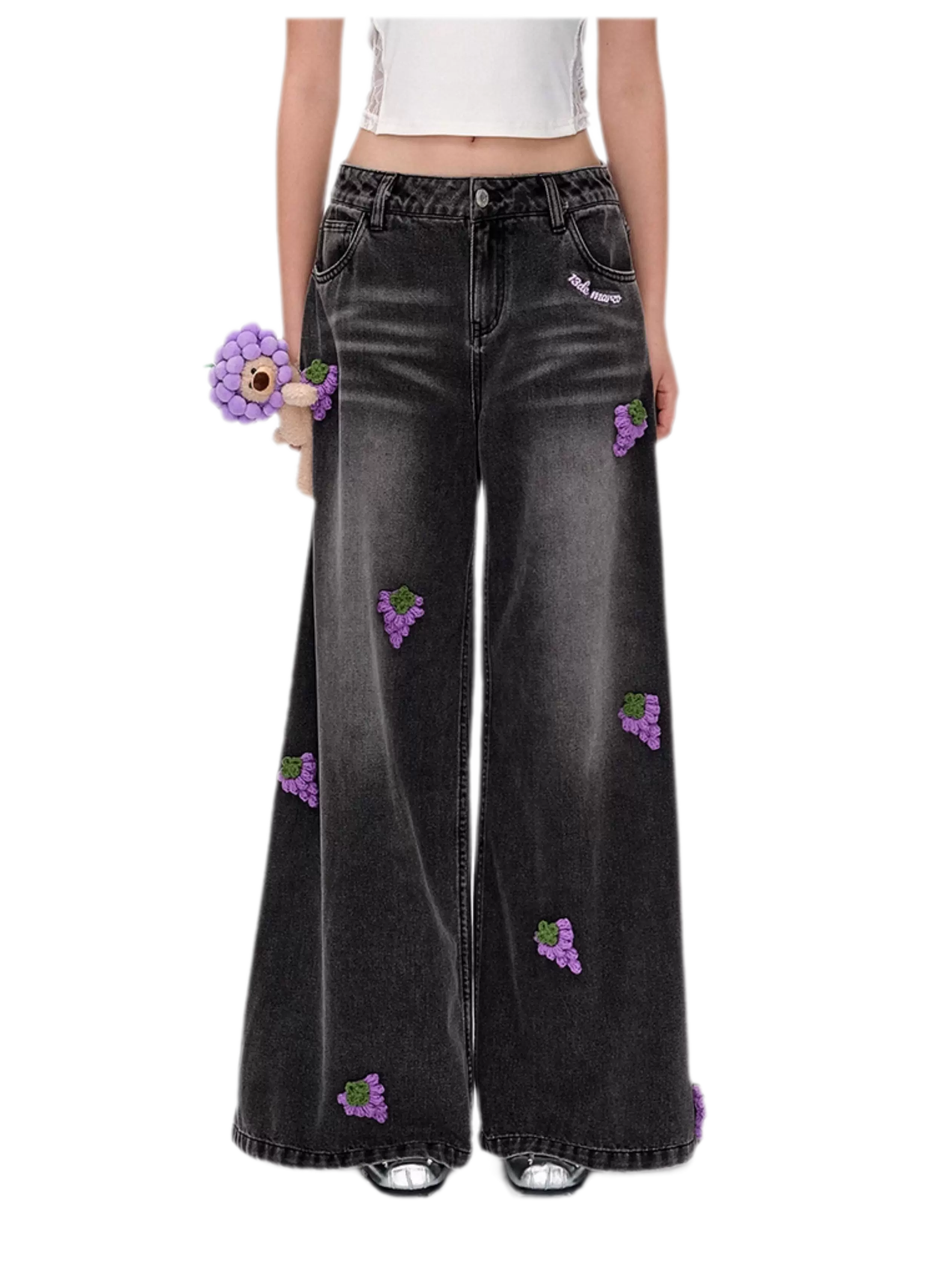 Fruit Embroidered Wide-Leg Pants