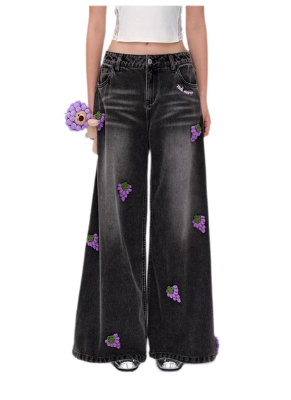 Fruit Embroidered Wide-Leg Pants