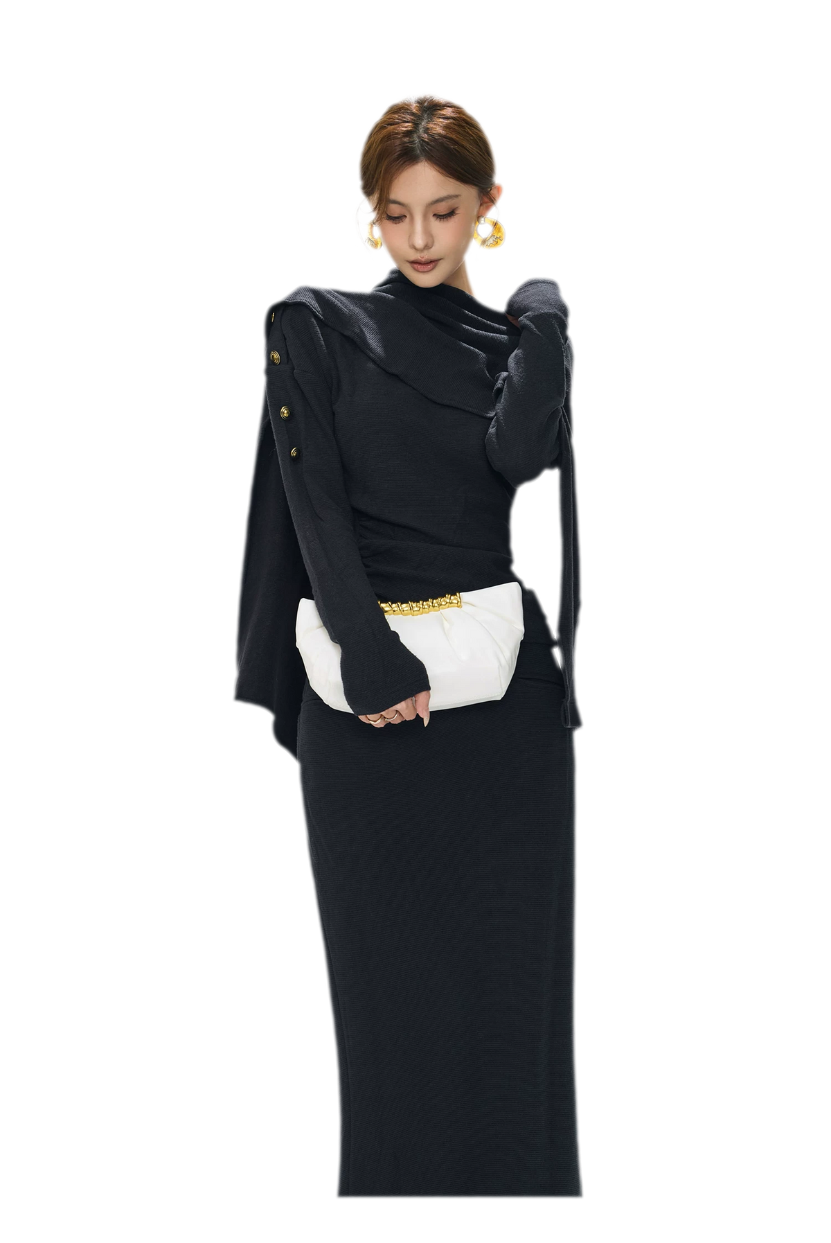 Textured Ruched Shawl Knit Set