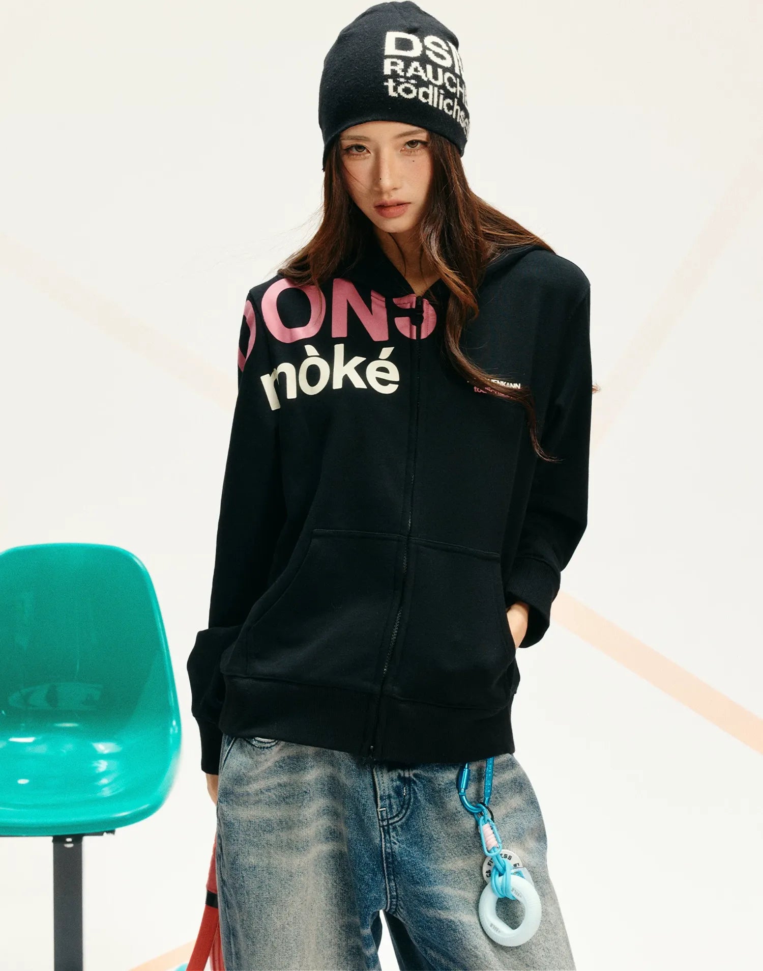 Contrast Slogan Zip Hoodie