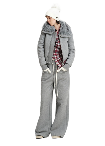 Conjunto de sudadera corta con cuello de pelo sintético