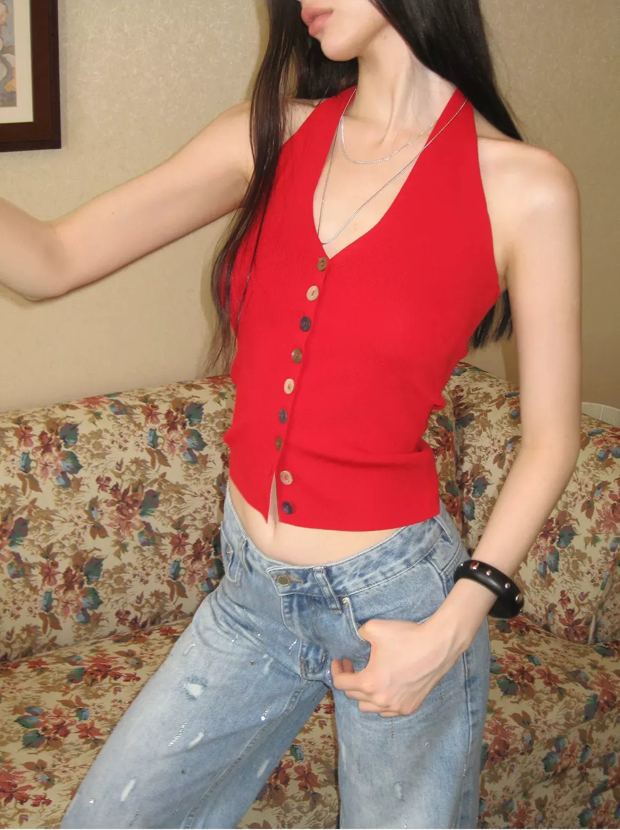 Tencel Halter Button Top