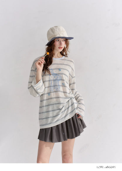 Embroidered Beaded Striped Loose T-shirt