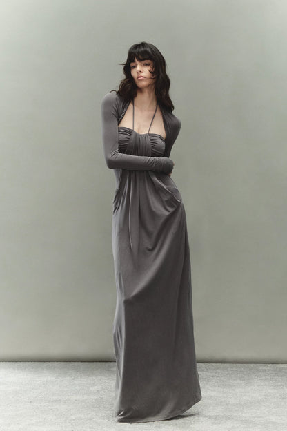 Laisel Handwoven Twist Metallic Chain Pleated Halter Dress