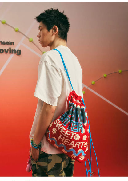 Screen-Printed Drawstring Shoulder Bag