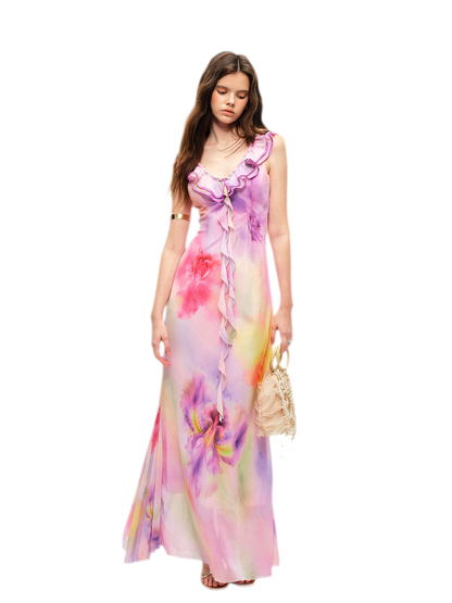 Watercolor Ruffle V-Neck Dress