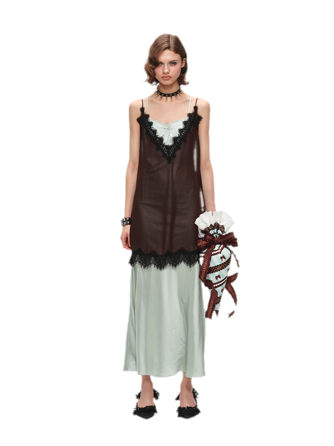 Deep V-Neck Lace Chiffon Satin Dress